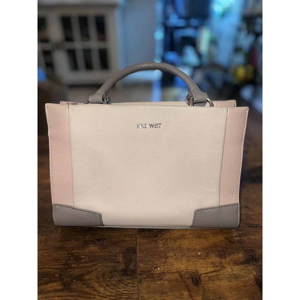 Nine West Handbag Neutral Chic Purse Double Top Handle Bag Pockets Cream Gray